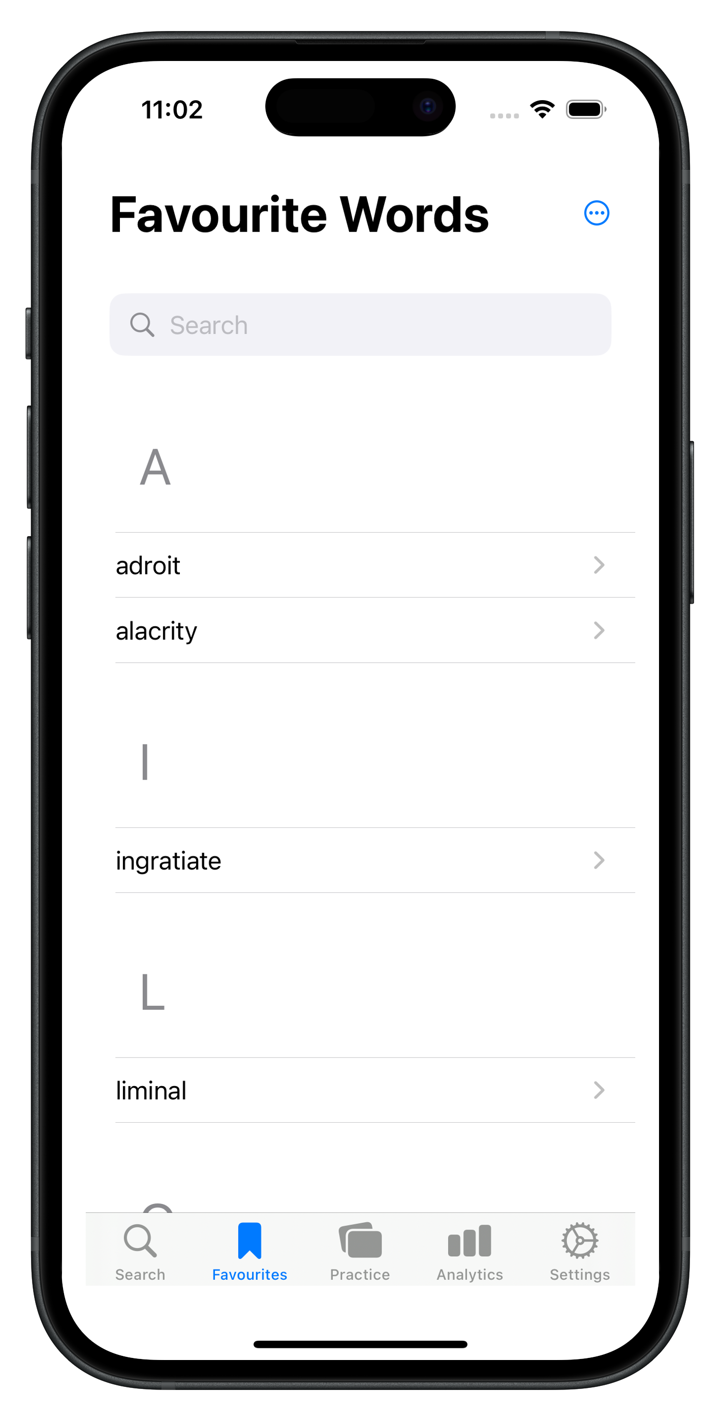 Favourites screen on Word Vault