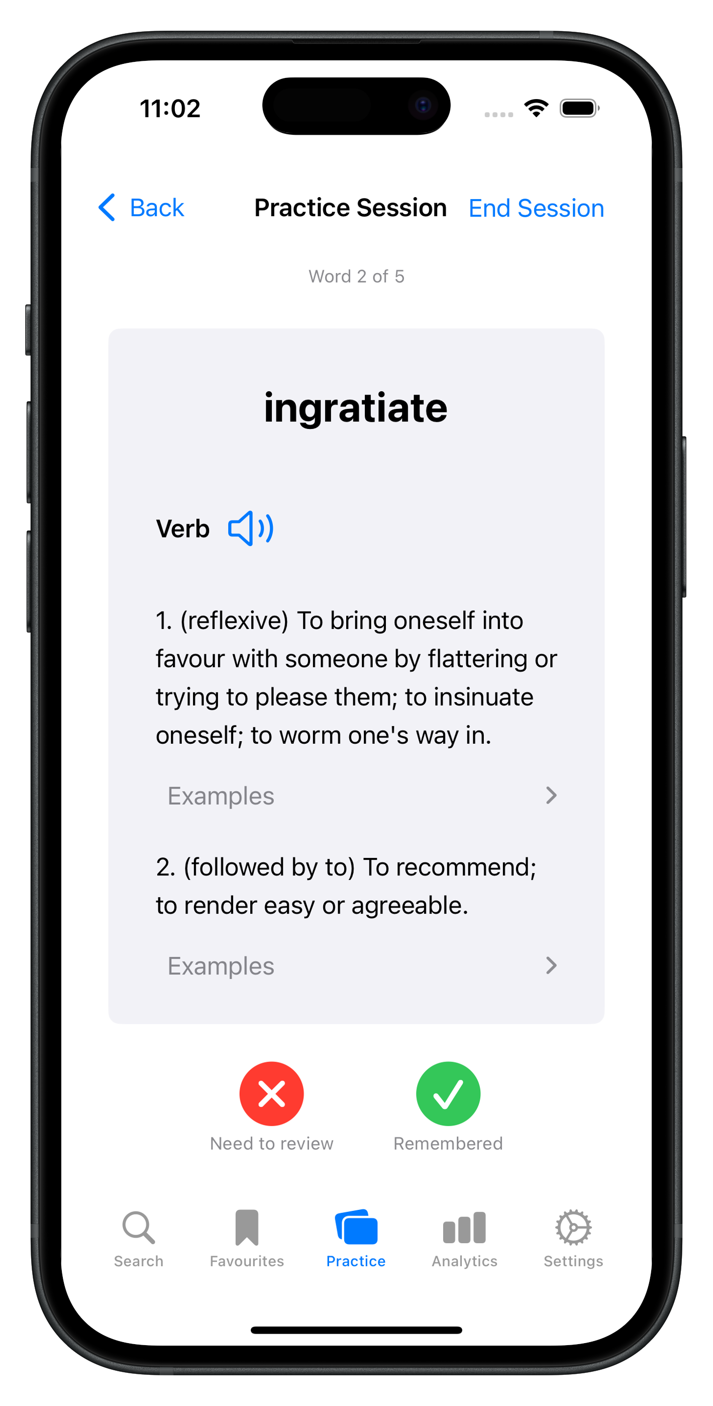 Practice screen on Word Vault